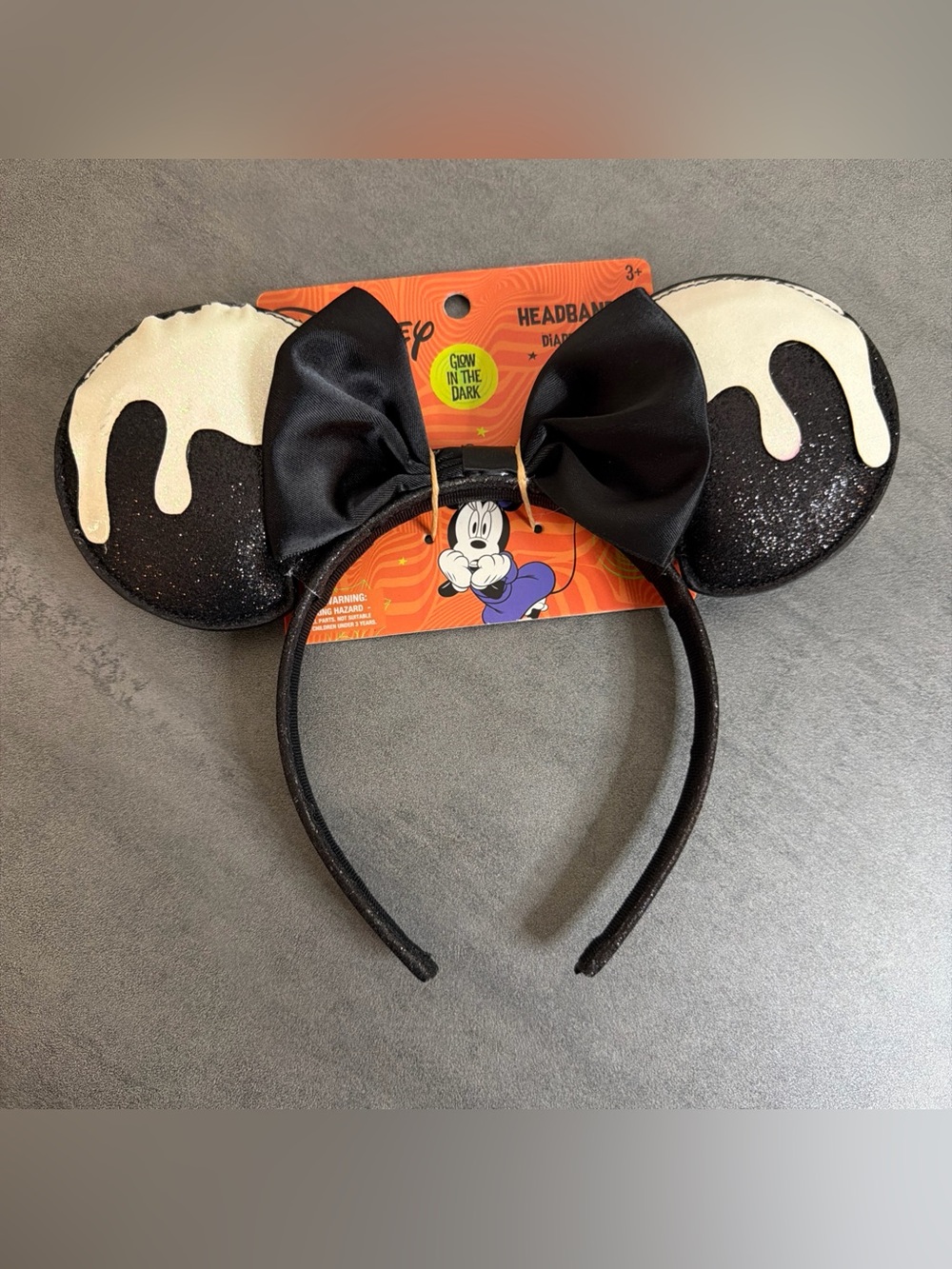 NEW Aldi x Disney Black Sparkle Giltter Glow In The Dark Minnie Mouse Ears Bow